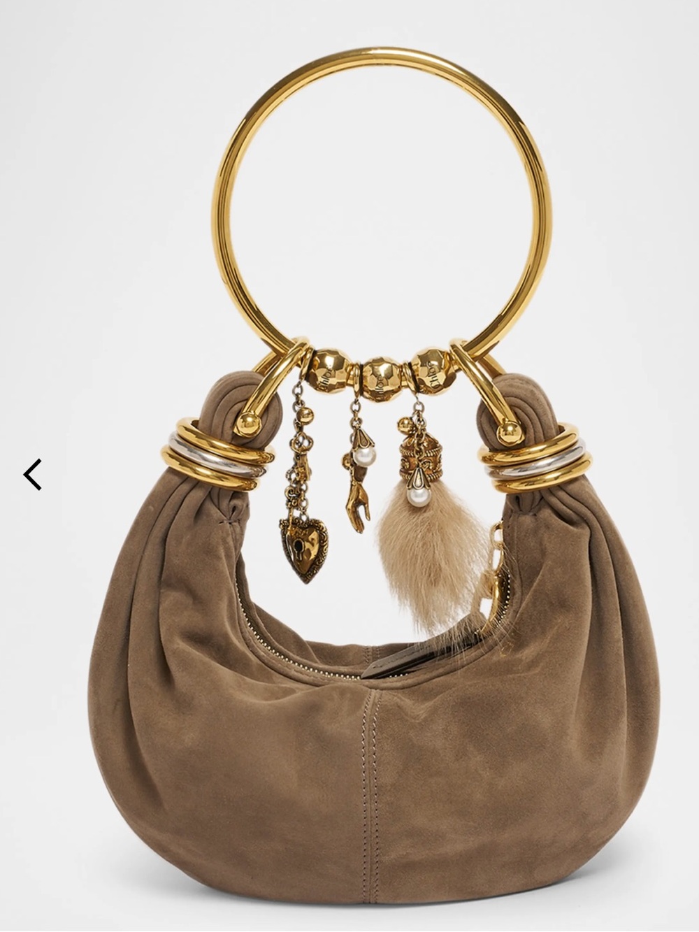 Chloe Gold-Handle Taupe Suede Ring-Handle Shoulder Bag New